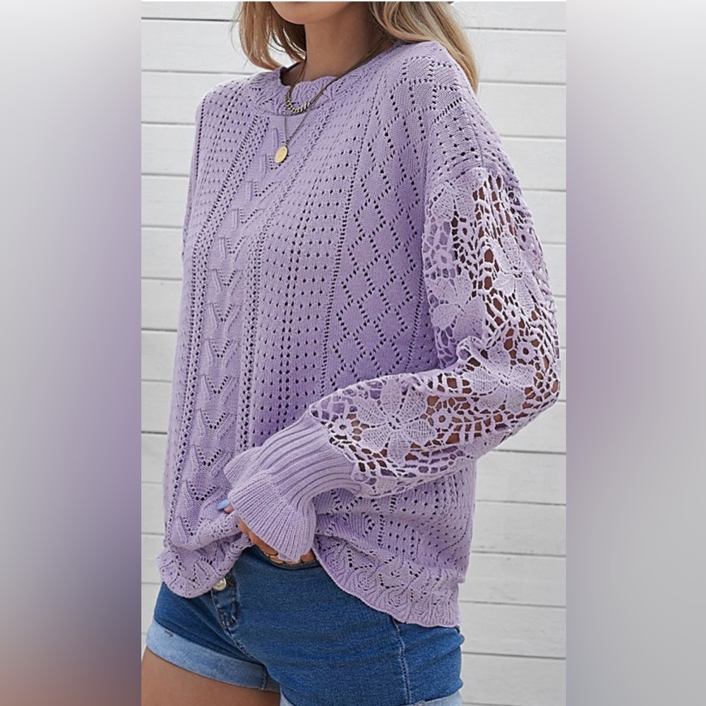 DOKOTOO Open Work Knit Cotton Blend Long Sleeve Sweater Lavender Small NWT